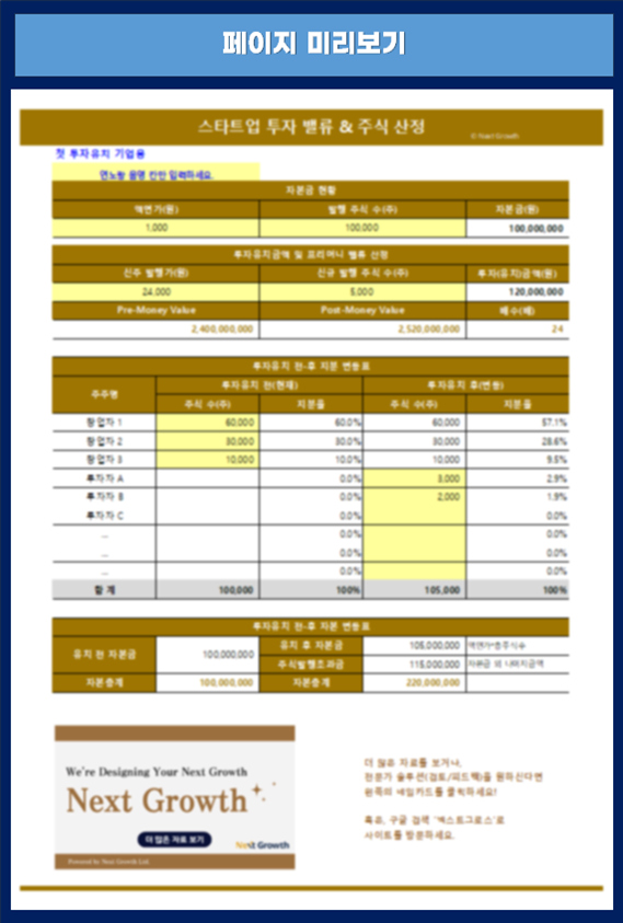 밸류 및 지분 산정 템플릿 미리보기